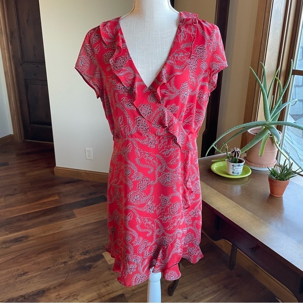 Bardot Ruffle Red Floral Wrap V Neck Short Sleeve Mini Dress